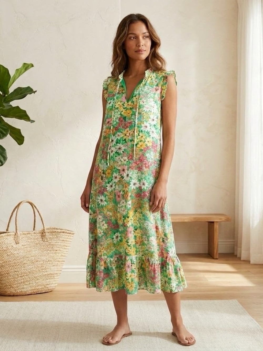 Green Floral Sleeveless Midi Dress